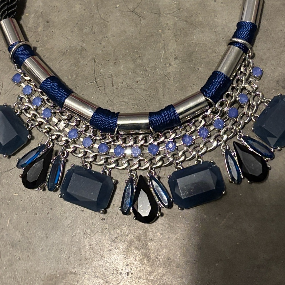 Chico's Navy and Silver Multi-Stone Statement Necklace